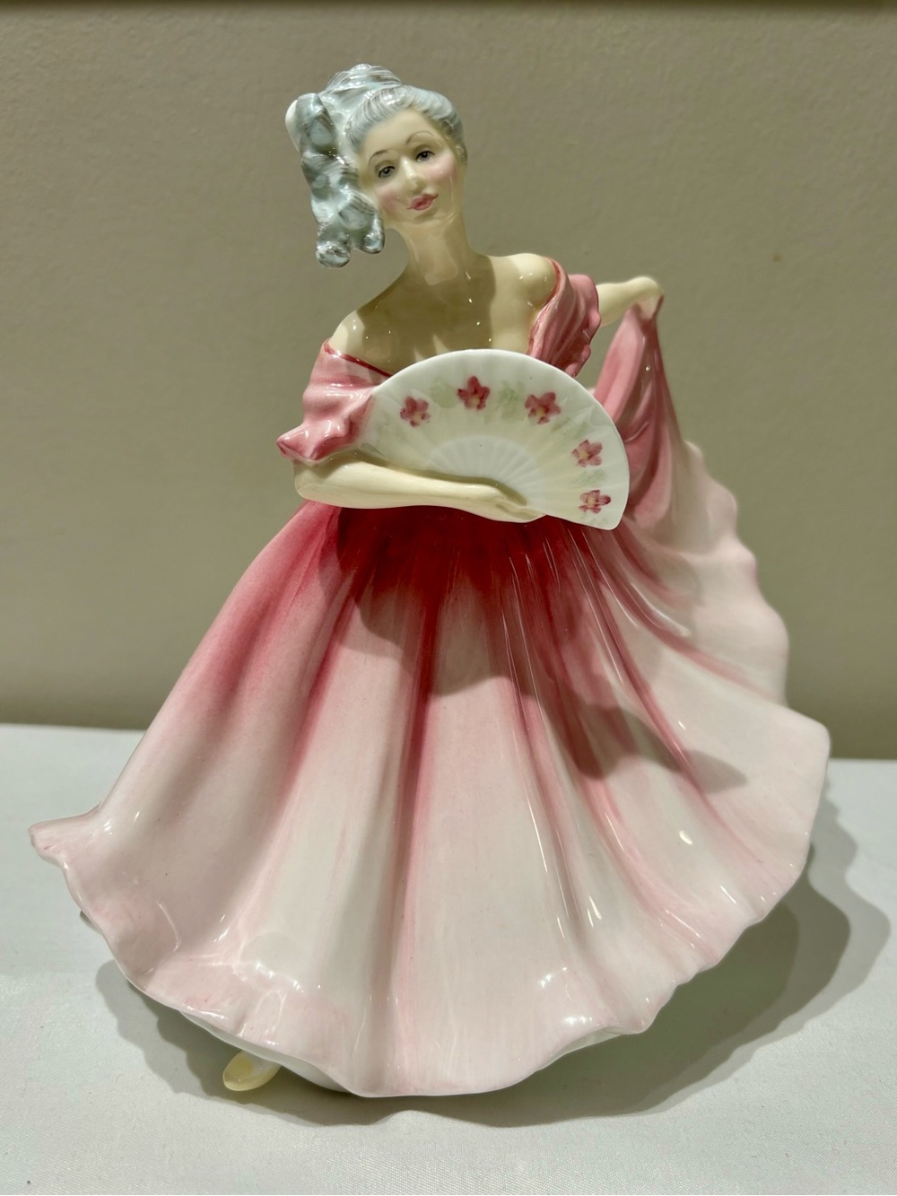 Royal Doulton “Elaine” Pink and White Porcelain Lady Figurine with Fan